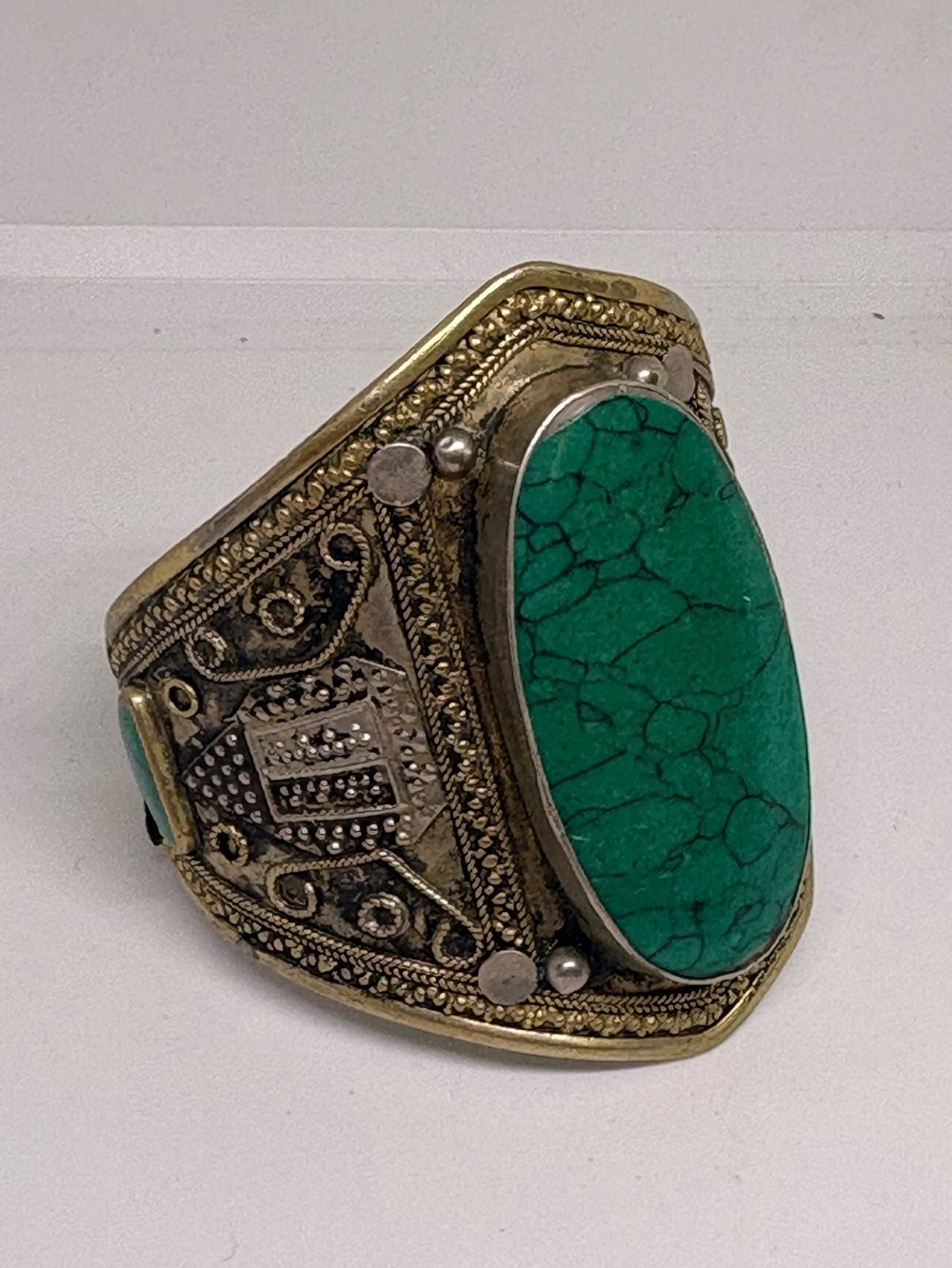 Vintage Afghani Silver Handmade Adjustable Bangle With Green Turquoise Stone